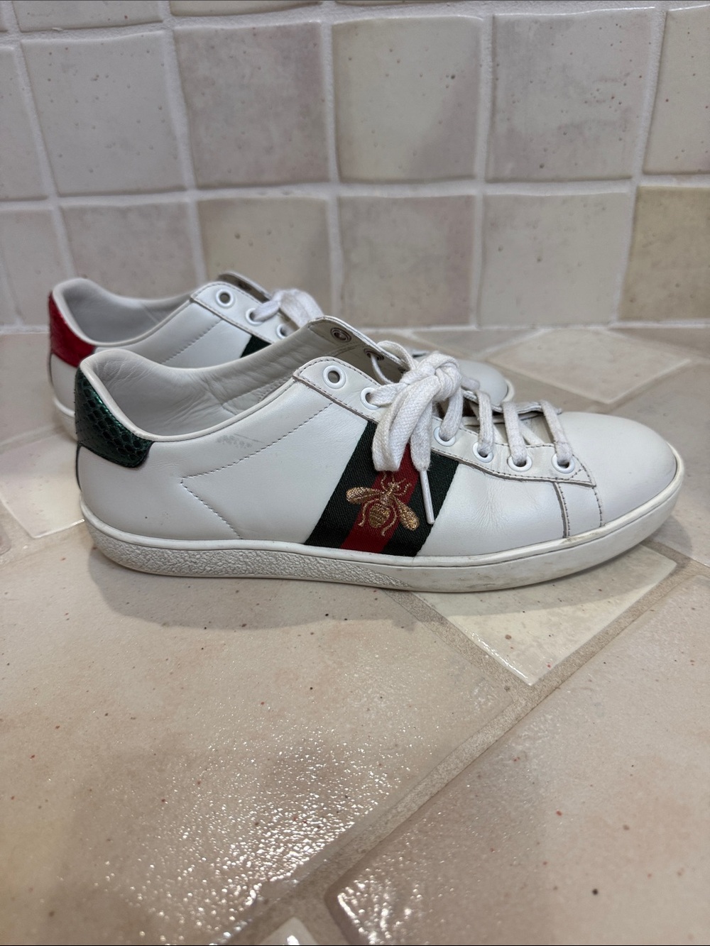Gucci Ace Sneaker with Bee Color Block White & Green Sz 7